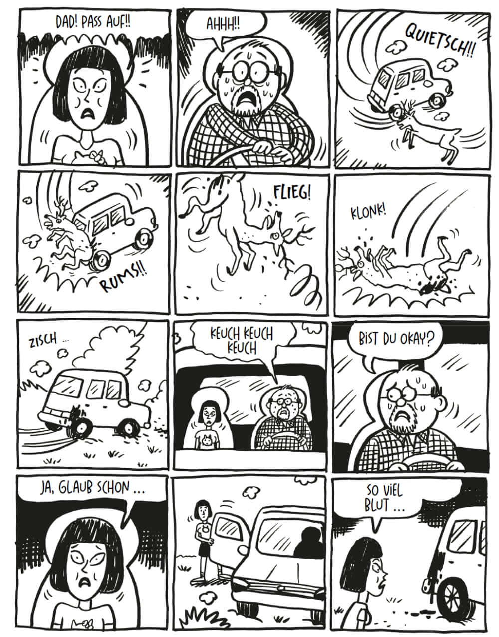 Comic page from 'Die Ferienlagerschlampe' featuring black humor and chaotic scenes of a car accident.