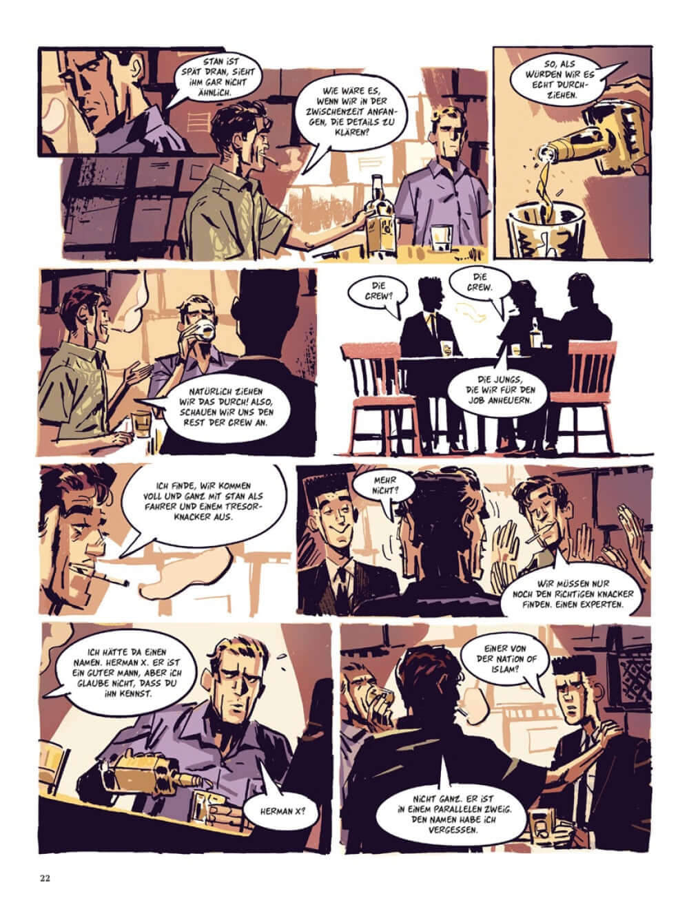 Dortmunder 1 Heist Comic – humorvolle Szene aus dem Krimi mit Gangstern in einer Bar.