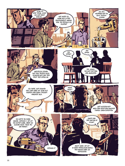 Dortmunder 1 Heist Comic – humorvolle Szene aus dem Krimi mit Gangstern in einer Bar.