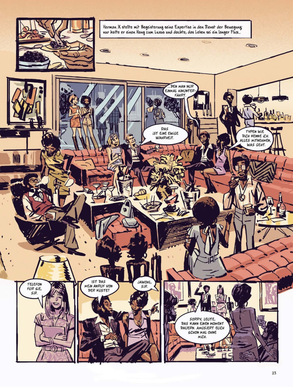 Illustration aus Dortmunder 1 Heist Comic mit humorvollen Charakteren in einem luxuriösen Partyambiente.