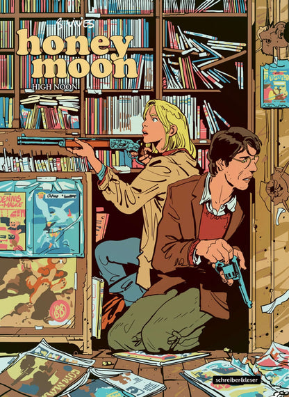 Cover of Honeymoon #3 - High Noon featuring characters in a dramatic scene among bookshelves.