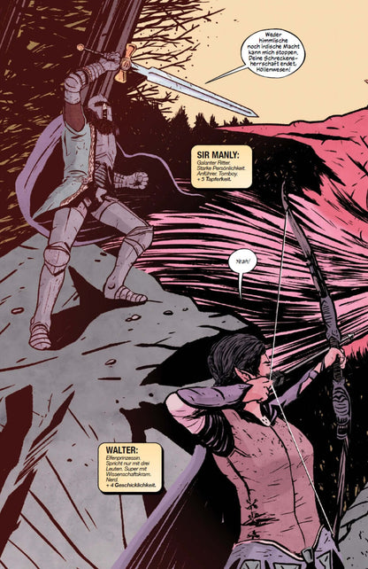 Illustration from 4 Kids Walk Into a Bank HC depicting a knight and an archer in a fantasy battle scene.