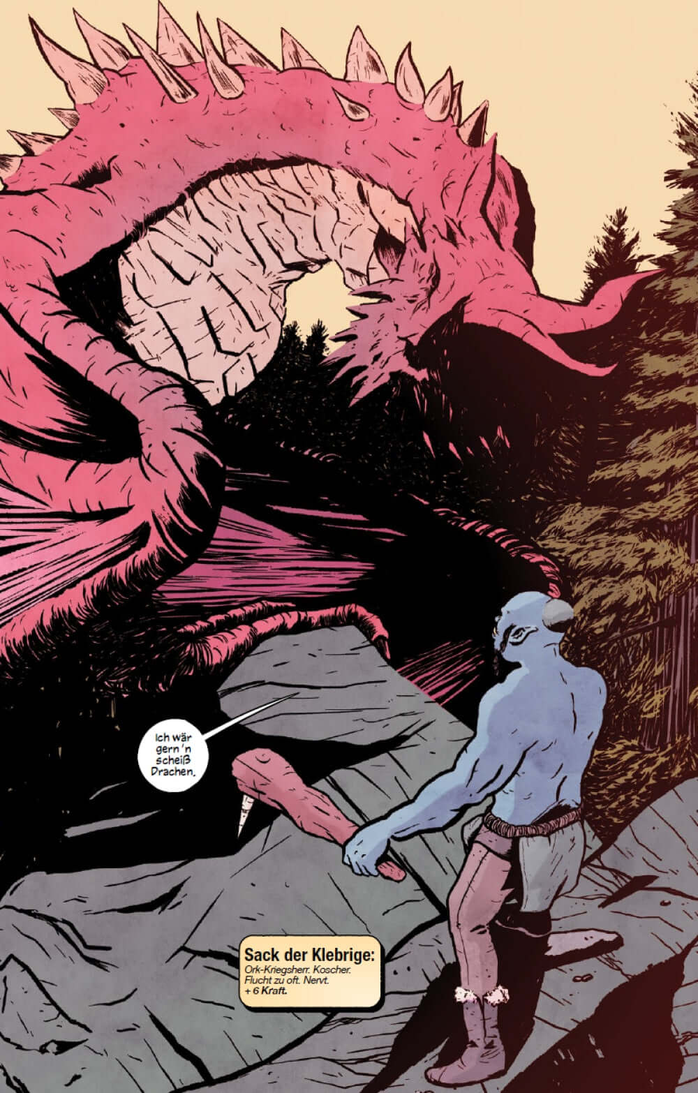 Dramatic illustration of a blue humanoid character facing a large pink dragon in a forest setting.