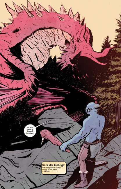 Dramatic illustration of a blue humanoid character facing a large pink dragon in a forest setting.