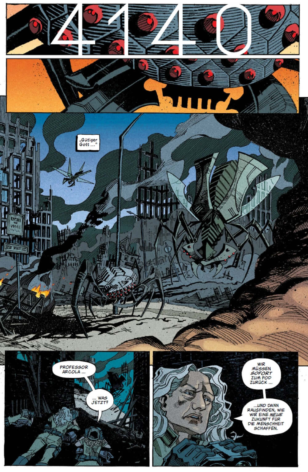 Komische Szene aus Time Before Time 4 Comic zeigt futuristische Wesen in einer zerstörten Stadt.
