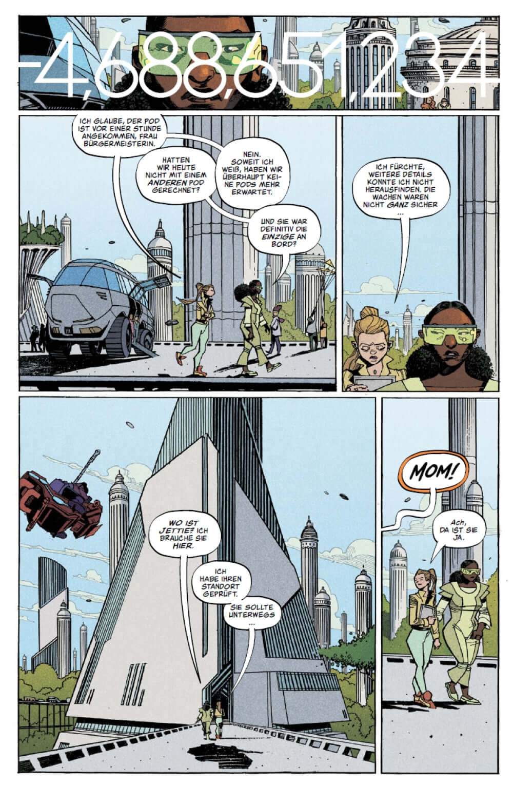 Comicseite aus "Time Before Time 4" zeigt futuristische Stadt mit Charakteren in Science-Fiction Stil. Zeitreise Science-Fiction Hardcover.