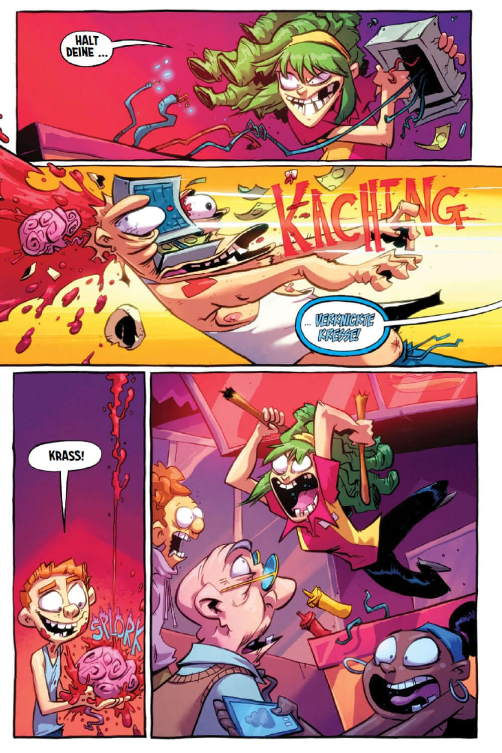 I Hate Fairyland 3 Deluxe Edition Comic Seite mit skurrilen Charakteren und Splatter-Elementen.