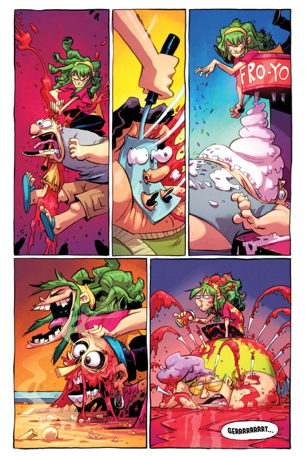 I Hate Fairyland 3 Deluxe Edition Comic Panel mit satirischem Splatterhumor und bunter Illustration.