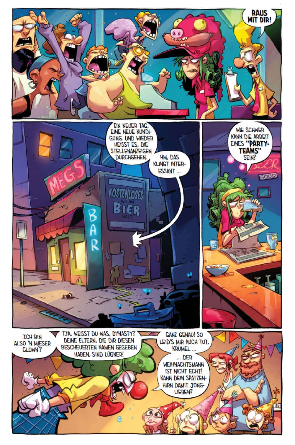 I Hate Fairyland 3 Deluxe Edition - Comic-Seite mit bunten Charakteren in einer Bar. Schwarzer Humor und Fantasy-Elemente.