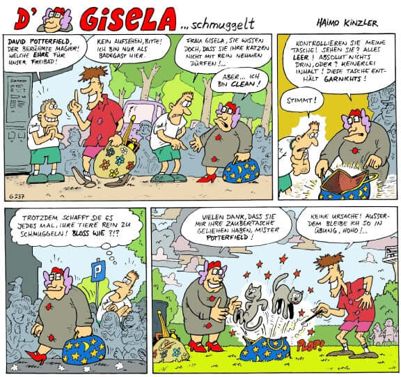Gisela #2 - Gisela geht aufs Ganze, humorvolle Cartoon-Szene von Haimo Kinzler mit schwäbischem Charme.