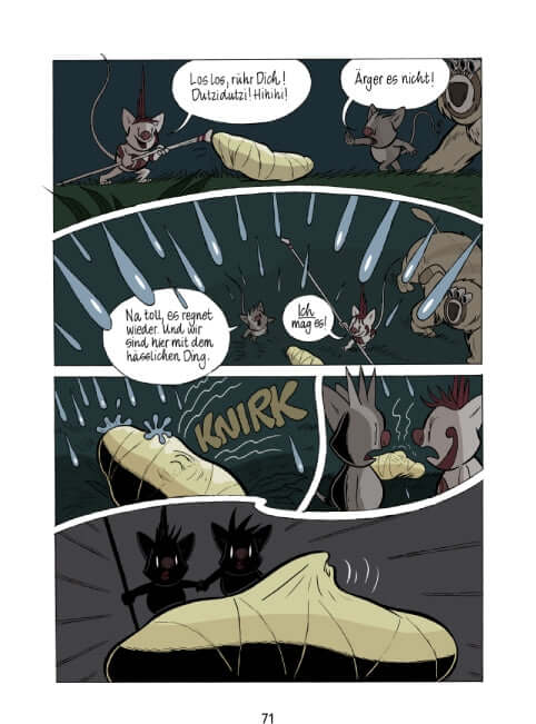 Maximillo und der Gloriogant Comic-Seite mit lustigen Charakteren und einem abenteuerlichen Dialog im Regen.