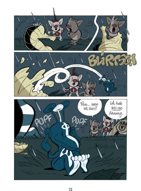 Comic Seite aus Maximillo und der Gloriogant mit Abenteuern von Fantasiefiguren im Regen.