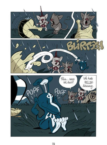 Comic Seite aus Maximillo und der Gloriogant mit Abenteuern von Fantasiefiguren im Regen.