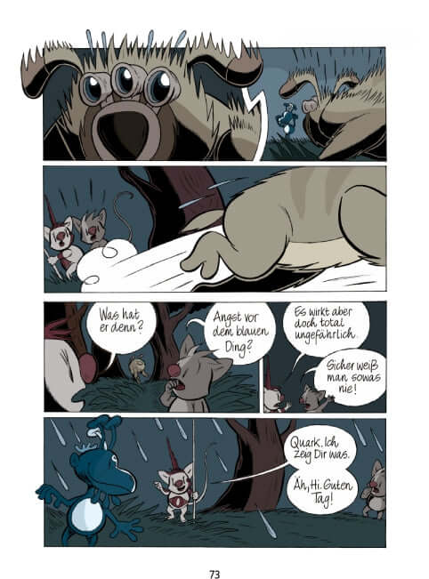 Comic-Seite aus "Maximillo und der Gloriogant" mit fantasievollen Charakteren und humorvollen Dialogen.