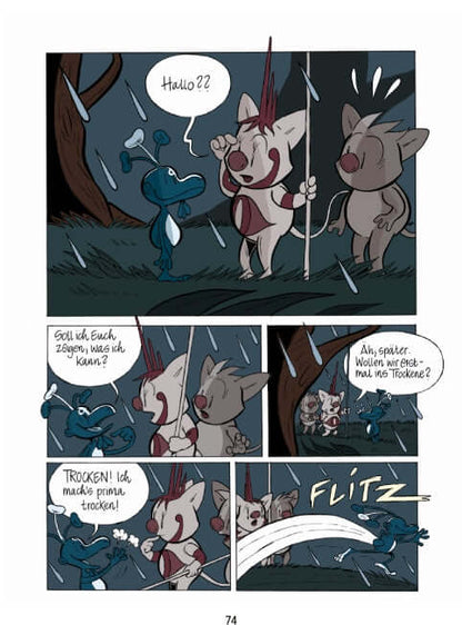 Comic scene from Maximillo und der Gloriogant showing characters discussing in the rain, with humorous expressions.