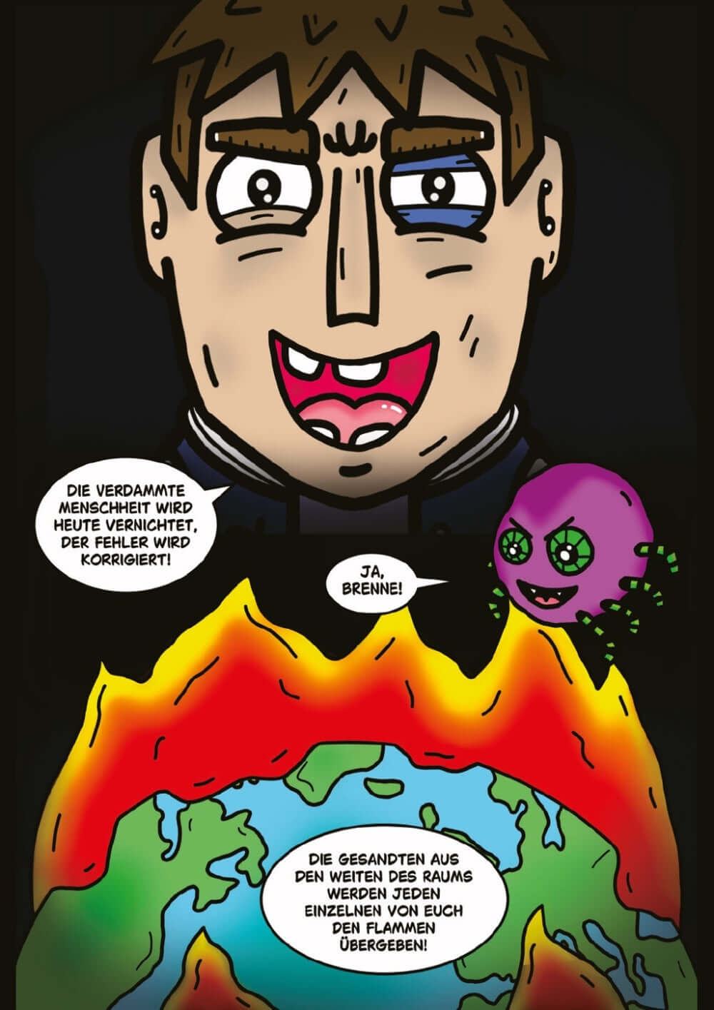Comic-Auszug aus "Hokum Horror" mit Charakter, der Erde und kosmischen Elementen zeigt.