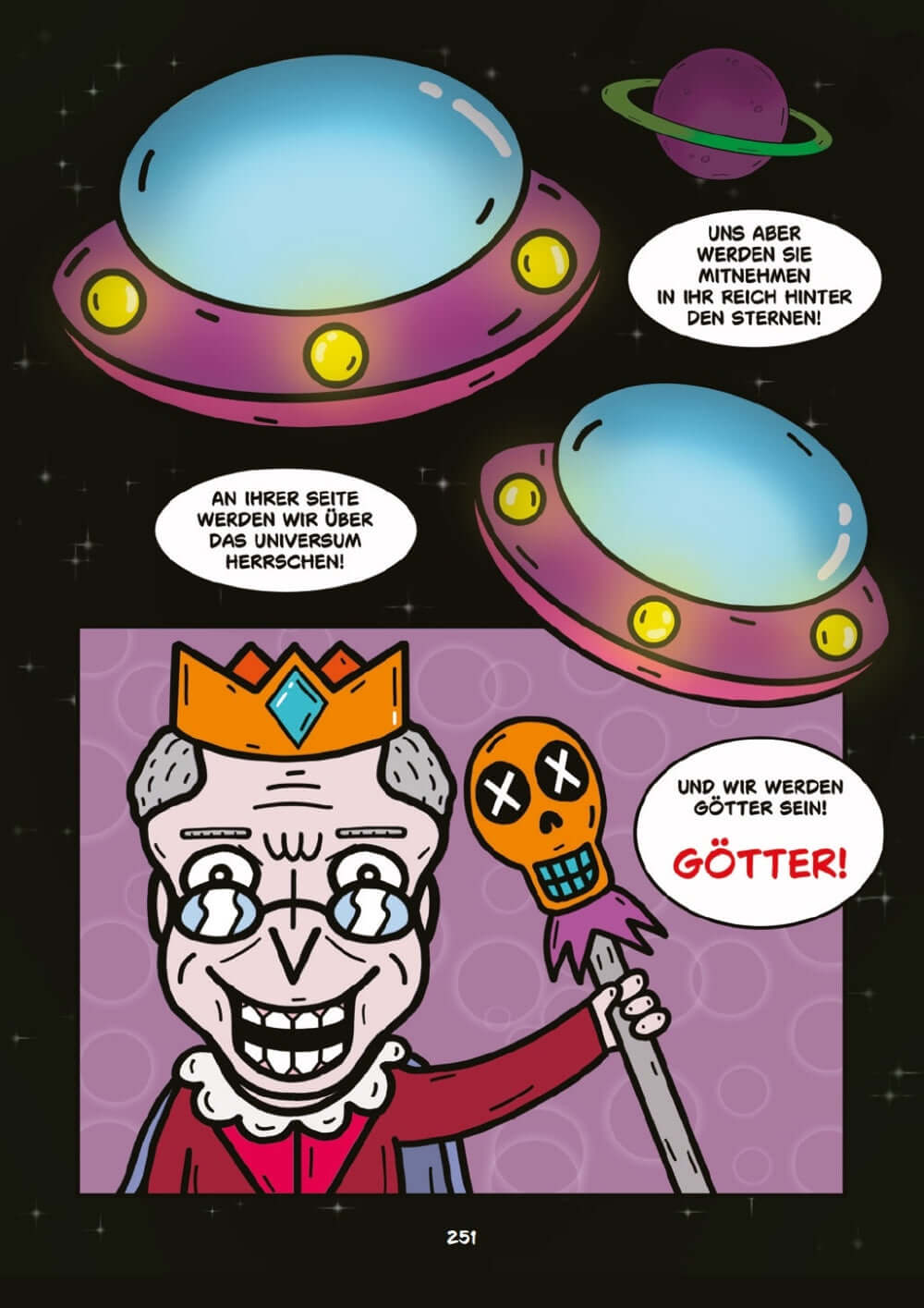 Comicseite aus Hokum Horror mit verrücktem König und UFOs im Weltraum.