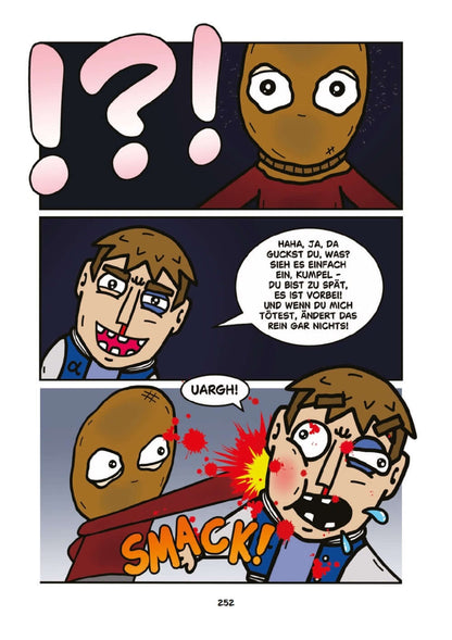 Comic-Panel mit einem maskierten Charakter und einer humorvollen Konfrontation aus dem Hokum Horror Comic.