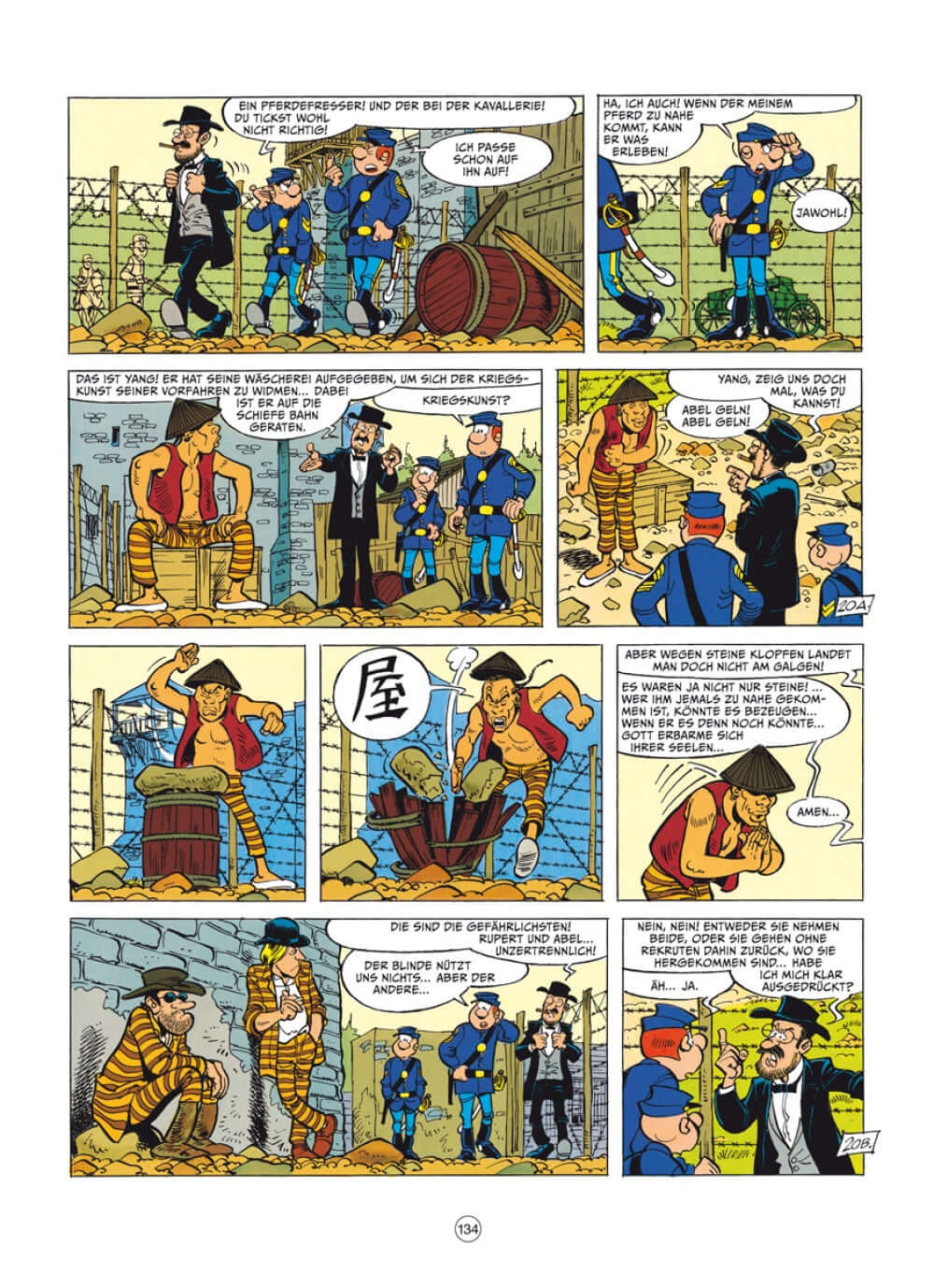 Comic-Seite aus Die blauen Boys Gesamtausgabe 7 mit Szenen aus dem Bürgerkrieg und humorvollen Dialogen.