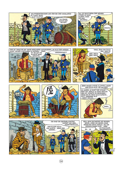 Comic-Seite aus Die blauen Boys Gesamtausgabe 7 mit Szenen aus dem Bürgerkrieg und humorvollen Dialogen.