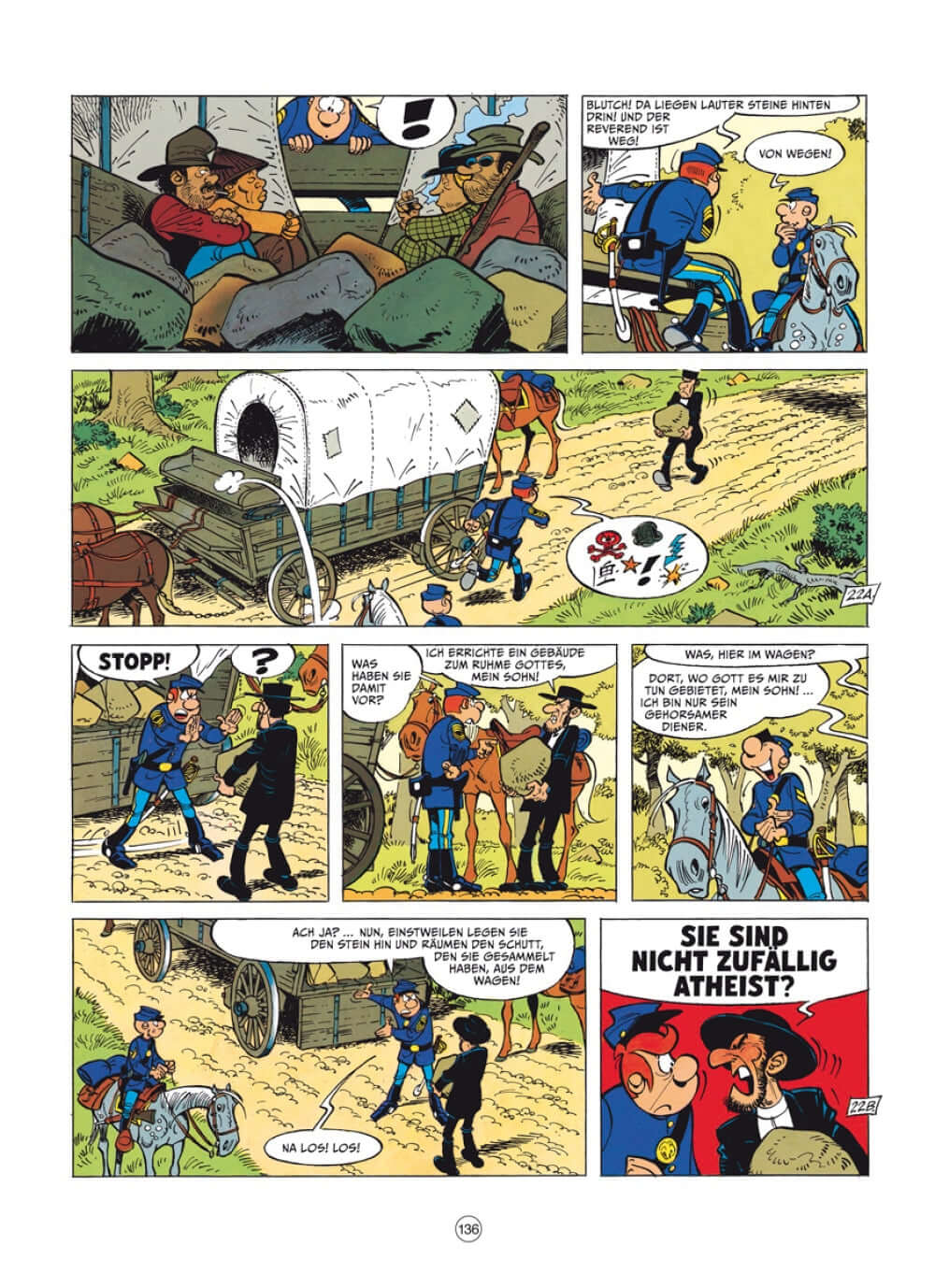Die blauen Boys Gesamtausgabe 7 Comicseite mit humorvollen Western-Szenen und Charakteren im Bürgerkrieg.