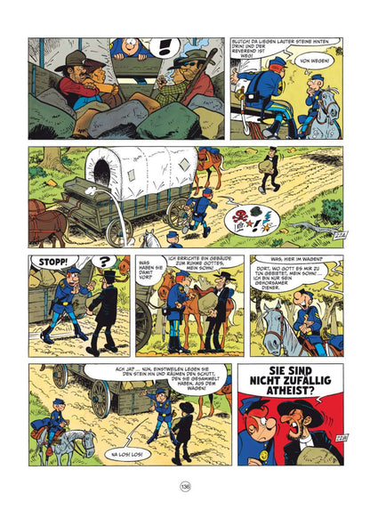 Die blauen Boys Gesamtausgabe 7 Comicseite mit humorvollen Western-Szenen und Charakteren im Bürgerkrieg.