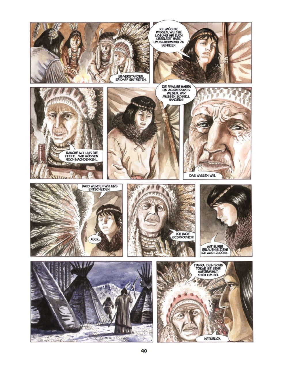 Comic-Seite aus Tokae mit Lakota Sioux Charakteren, die ein Abenteuer erleben – Lakota Sioux Abenteuer Comic.
