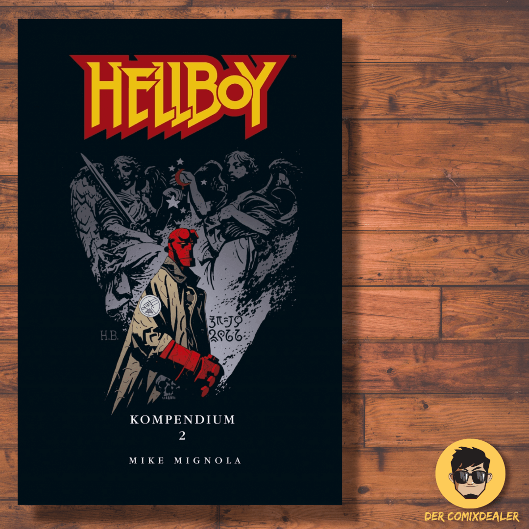 Hellboy Kompendium 2 (Neuauflage) Buchcover von Mike Mignola auf Holzuntergrund.