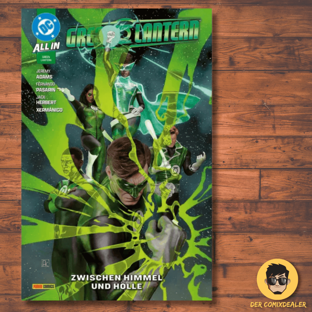 Green Lantern #5 comic cover featuring heroes in a cosmic setting, titled 'Zwischen Himmel und Hölle'.
