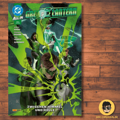 Green Lantern #5 comic cover featuring heroes in a cosmic setting, titled 'Zwischen Himmel und Hölle'.