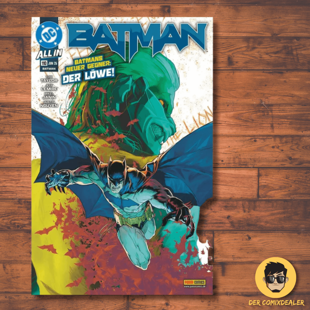 Batman #110 Comic Cover featuring Batman and the new villain Der Löwe on a vibrant background