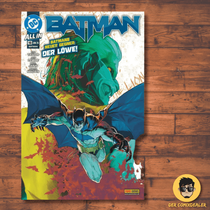 Batman #110 Comic Cover featuring Batman and the new villain Der Löwe on a vibrant background