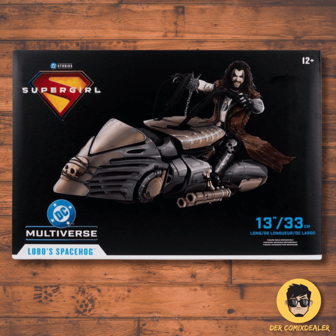 Supergirl (2026) DC Theatrical Vehicles Fahrzeug Lobo's Spacehog 33 cm packaging image with Lobo figure.