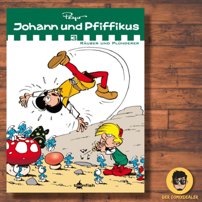 Johann & Pfiffikus #3 - Räuber und Plünderer Comiccover mit Humor und Abenteuer im Mittelalter-Fantasy Stil.