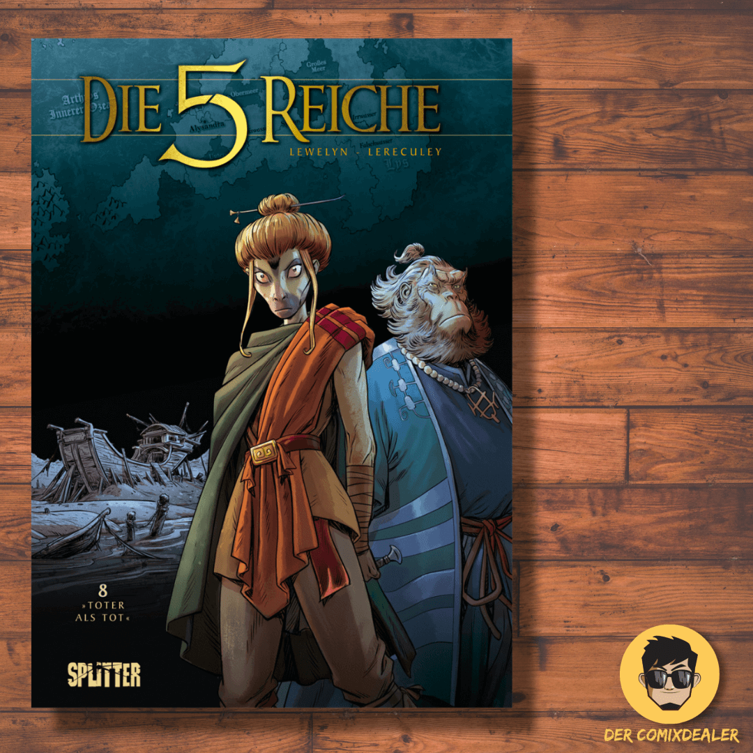 Die 5 Reiche #8 - Toter als tot Buchcover mit Charakteren und Fantasy-Elementen von Jérôme Lereculey & Lewelyn.