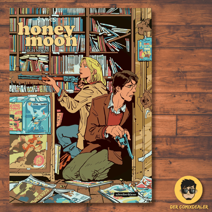 Honeymoon #3 - High Noon comic cover featuring characters in a chaotic bookstore setting.