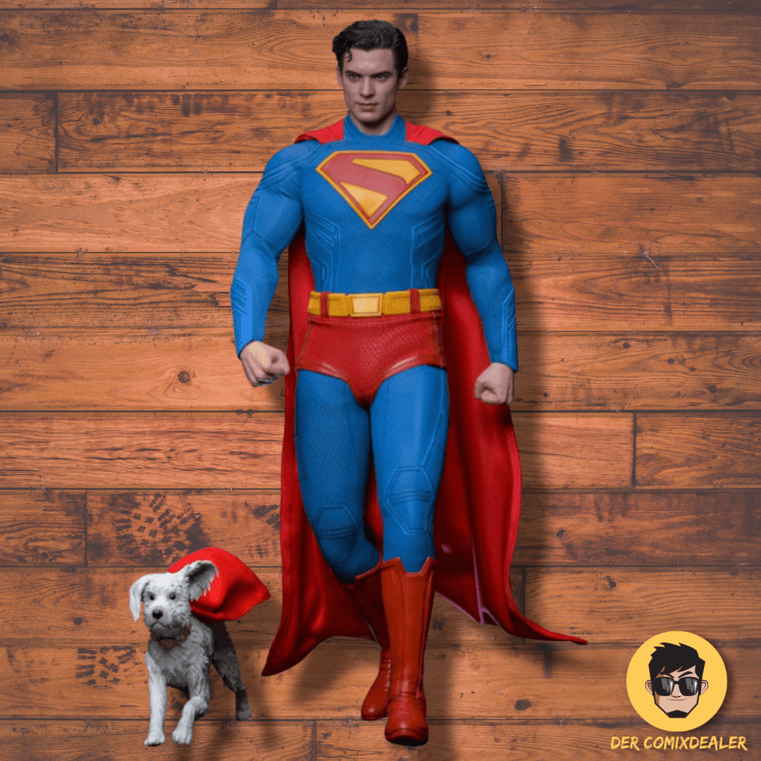 Superman (2025) – Movie Masterpiece 1/6 Superman & Krypto figure with Dog on wooden background.