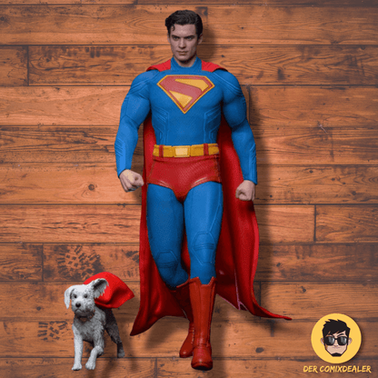 Superman (2025) – Movie Masterpiece 1/6 Superman & Krypto figure with Dog on wooden background.