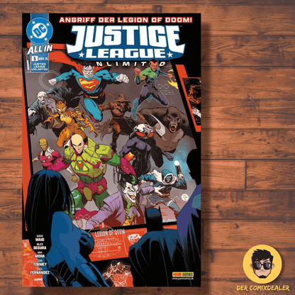 Justice League Unlimited #5 comic cover featuring heroes and villains, including Superman and the Legion of Doom.