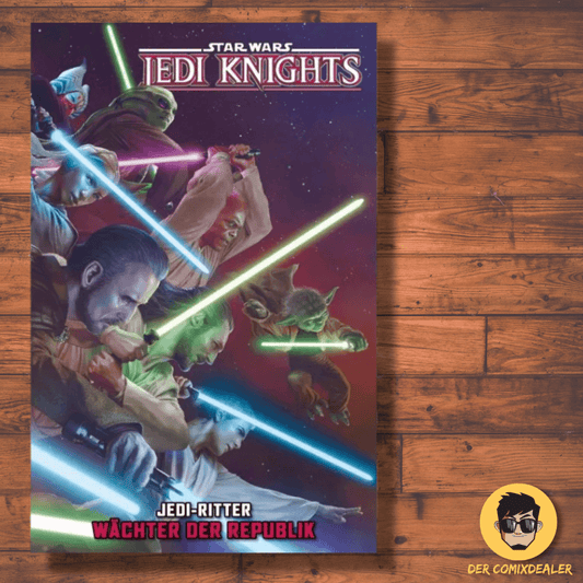Star Wars Comics - Jedi-Ritter Cover with Jedi Knights, lightsabers, and vibrant colors on a wooden background.