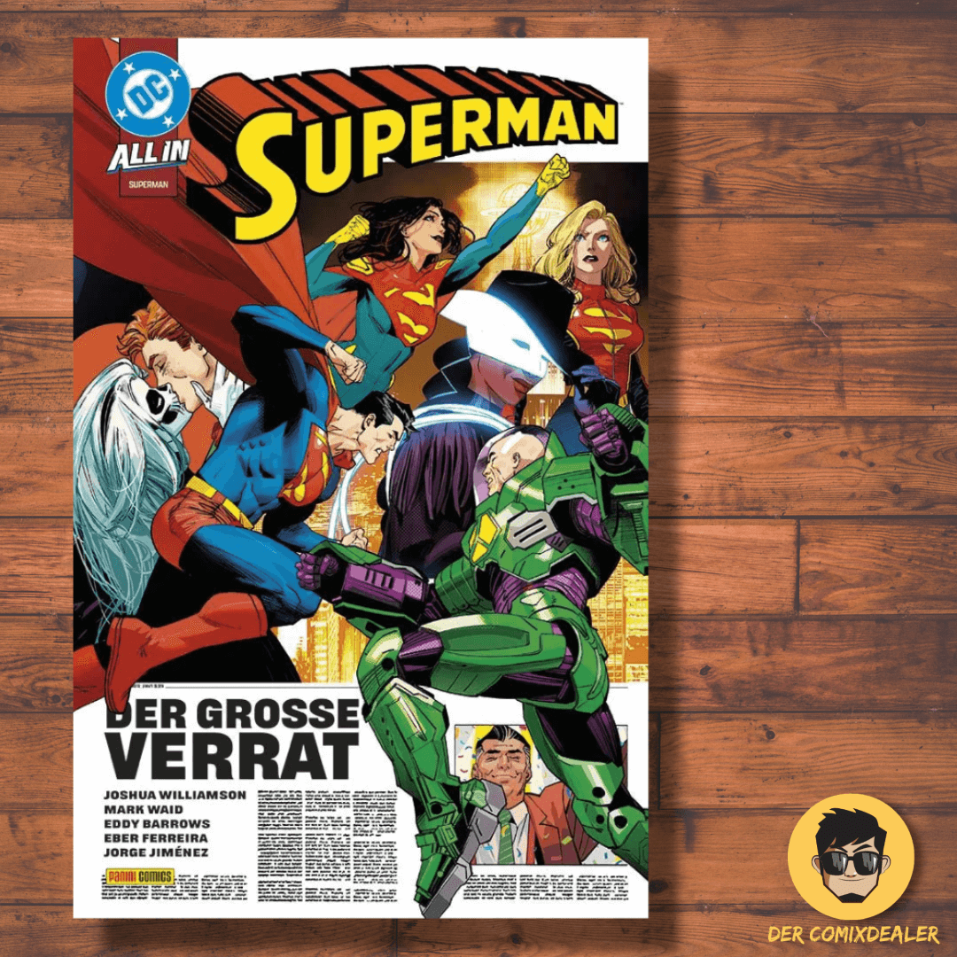 Superman #9 comic cover featuring Superman, multiple heroes, Lex Luthor, and vibrant artwork by various artists.