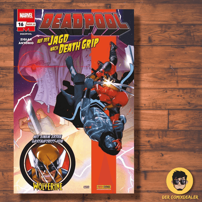 Deadpool #16 Comic Cover featuring Deadpool and Wolverine in action against Death Grip