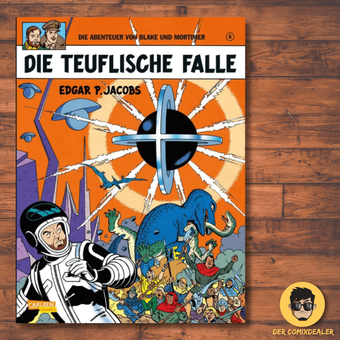Blake und Mortimer #6: Die teuflische Falle Comic-Cover von Edgar P. Jacobs, Abenteuer mit Dinosauriern und Zeitreisen.
