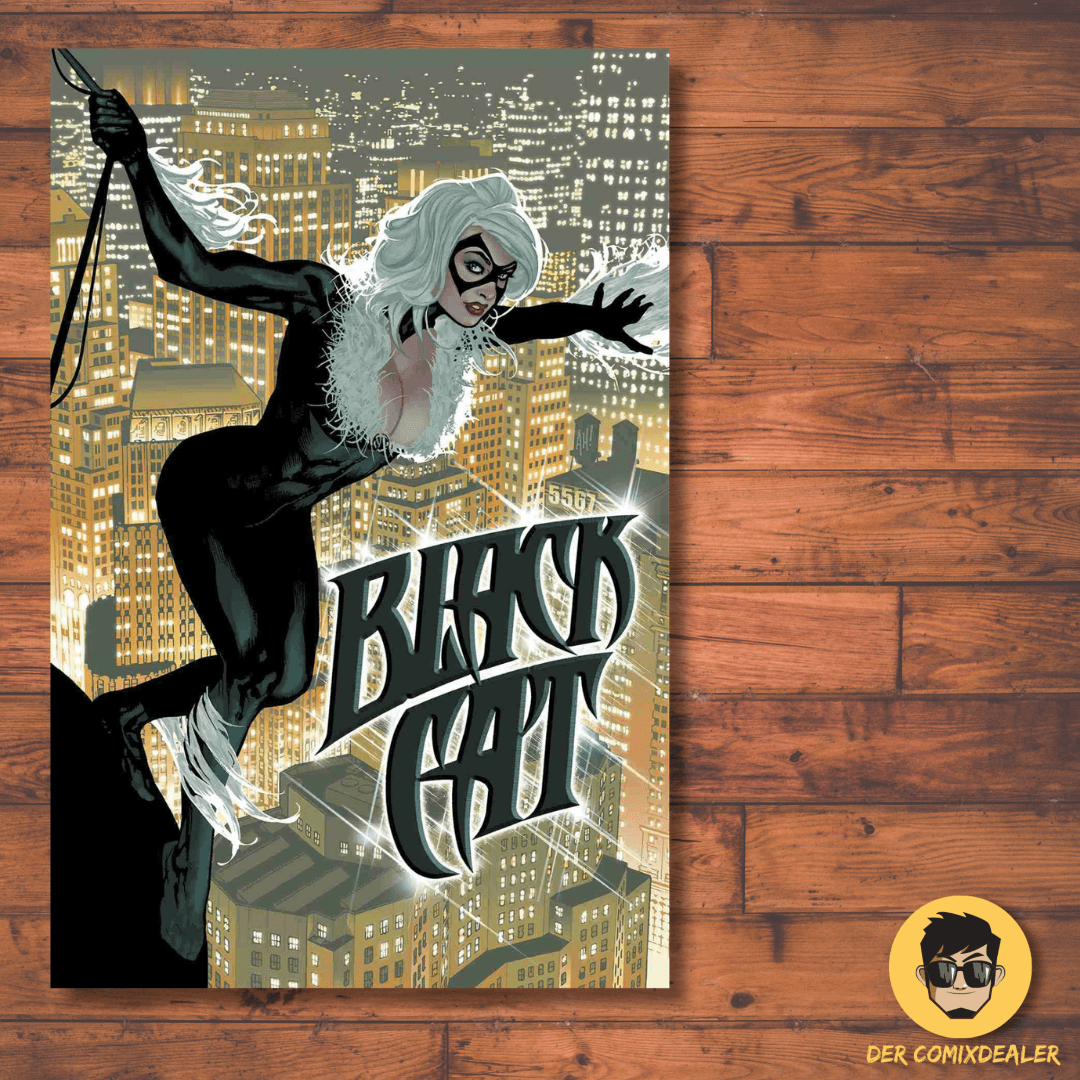 Black Cat #1 comic cover featuring Felicia Hardy in action over a cityscape.