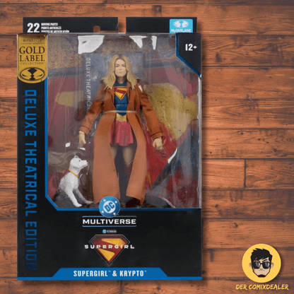 Supergirl (2026) DC Theatrical Deluxe Edition Actionfigur Supergirl & Krypto (Gold Label) 17 cm in packaging.