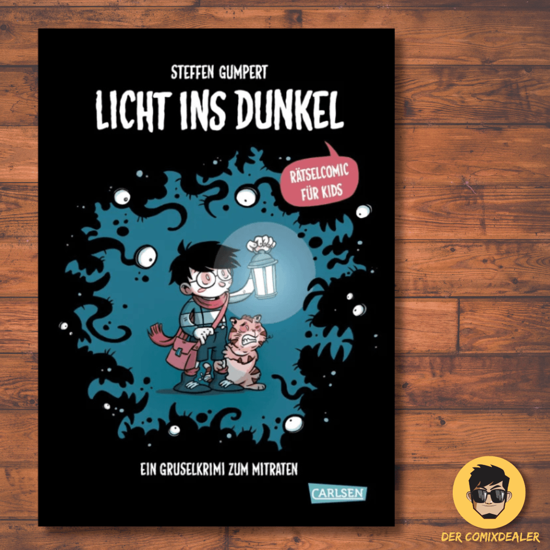 Licht ins Dunkel Kindercomic von Steffen Gumpert zeigt einen Jungen mit einer Katze in einem gespenstischen Umfeld.