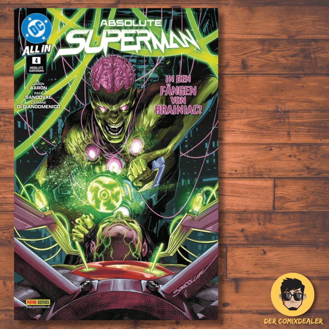 Absolute Superman #4 comic book cover featuring Brainiac and Superman, vibrant colors, DC Comics edition.