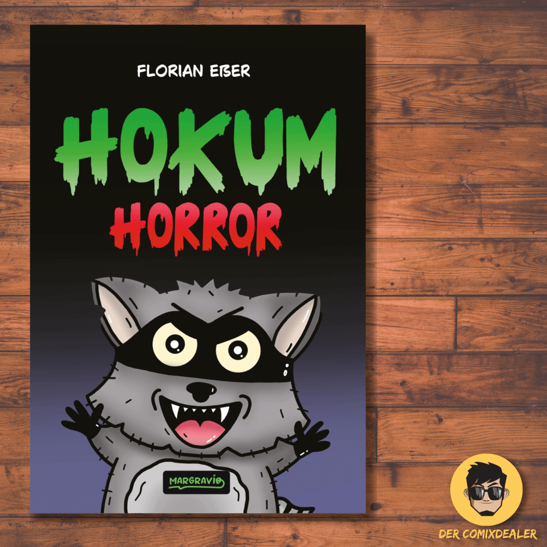 Cover des Comics Hokum Horror von Florian Eßer mit einem Waschbären und gruseliger Schrift.