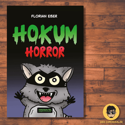 Cover des Comics Hokum Horror von Florian Eßer mit einem Waschbären und gruseliger Schrift.