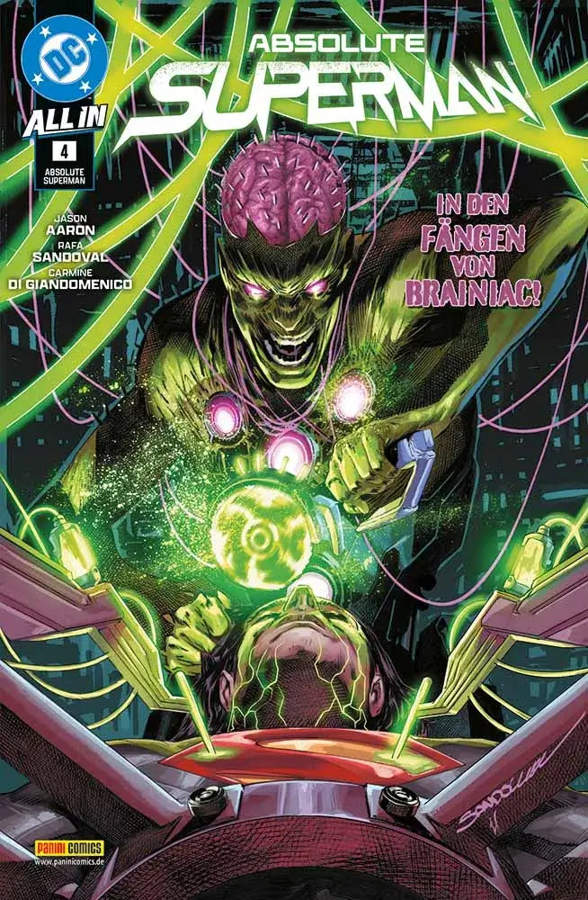 Absolute Superman #4 comic cover showing Superman in the grasp of Brainiac with vibrant colors and action scenes.